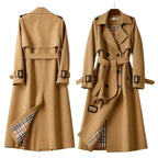 Women's Belted Trench Coat with Notched Lapel & Relaxed Fit - Front Back Flatlay