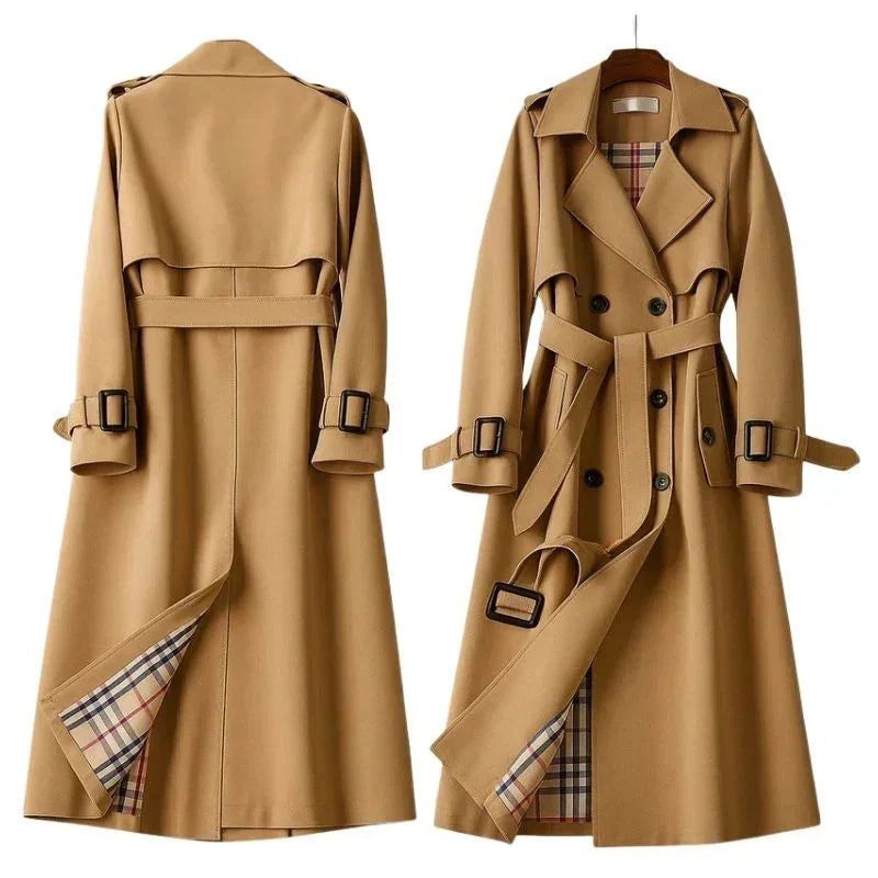 Women's Belted Trench Coat with Notched Lapel & Relaxed Fit - Front Back Flatlay