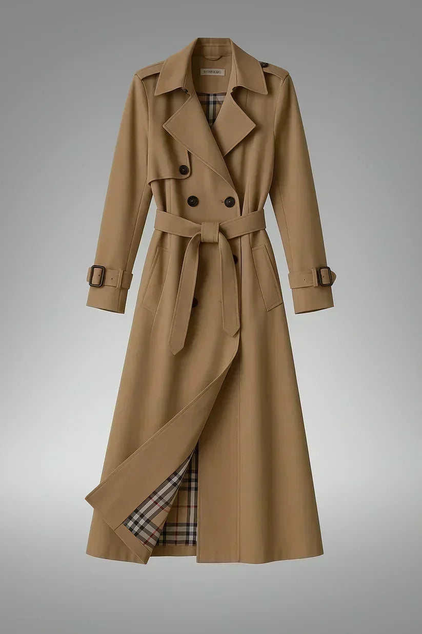 Beige Women's Belted Trench Coat with Notched Lapel & Relaxed Fit