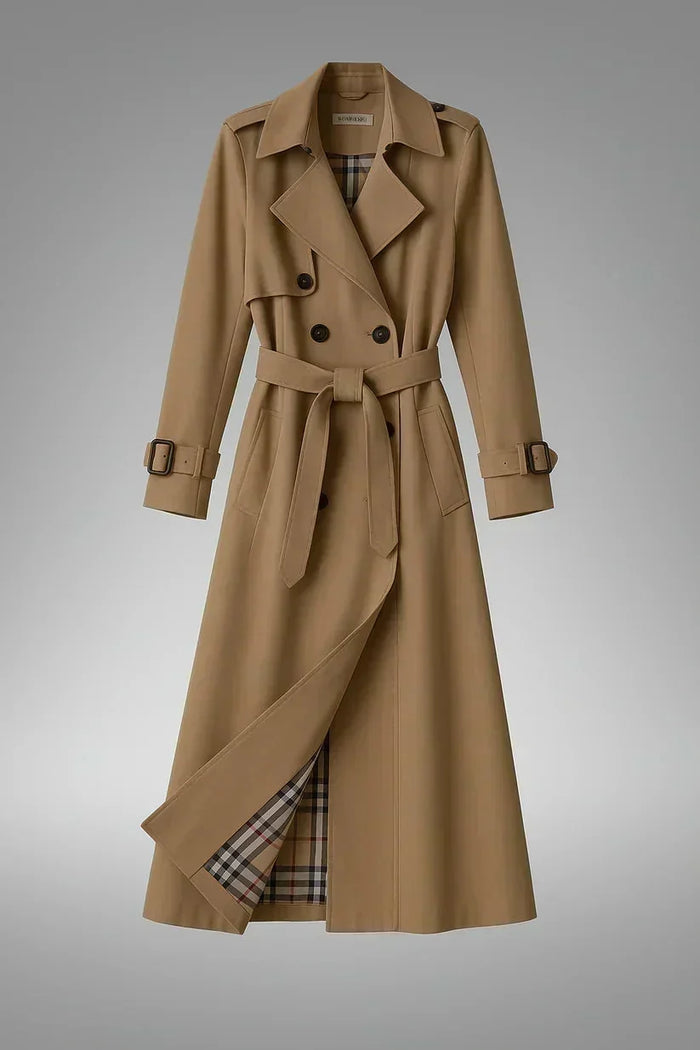 Beige Women's Belted Trench Coat with Notched Lapel & Relaxed Fit