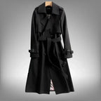 Black Women's Belted Trench Coat with Notched Lapel & Relaxed Fit