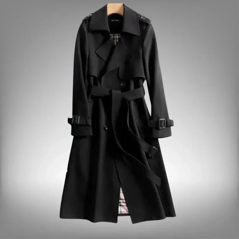 Black Women's Belted Trench Coat with Notched Lapel & Relaxed Fit