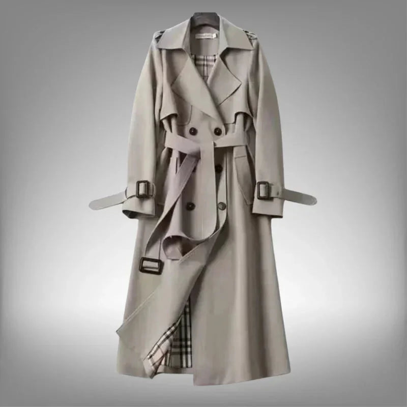 Grey Women's Belted Trench Coat with Notched Lapel & Relaxed Fit