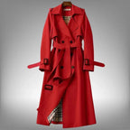 Red Women's Belted Trench Coat with Notched Lapel & Relaxed Fit
