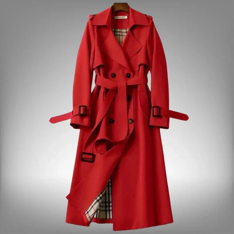 Red Women's Belted Trench Coat with Notched Lapel & Relaxed Fit