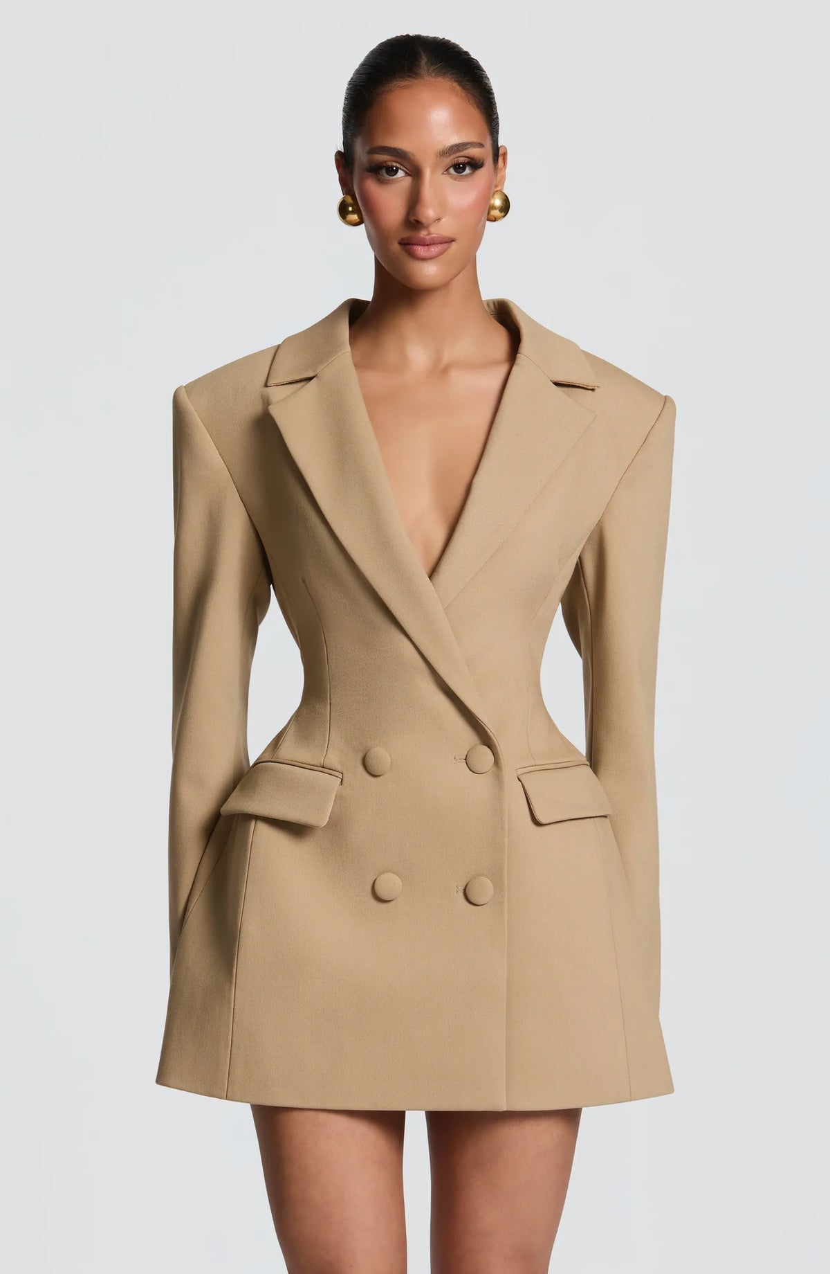 Sand Women's Double-Breasted Blazer Mini Dress with Notched Lapel & Adjustable Waist - Front Close Up Neutral