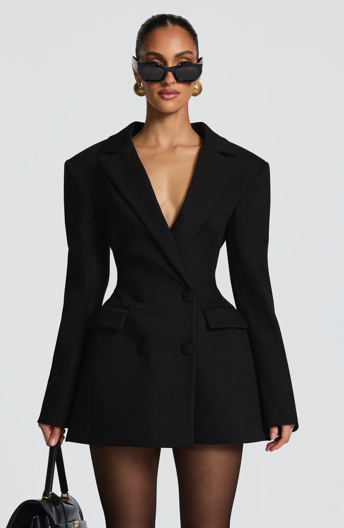 Women's Double-Breasted Blazer Mini Dress with Notched Lapel & Adjustable Waist - Close Up Front Bag