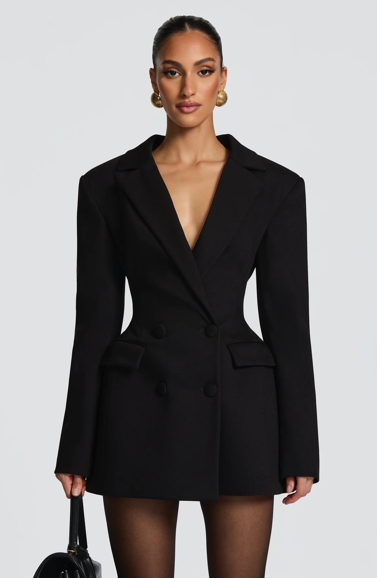 Black Women's Double-Breasted Blazer Mini Dress with Notched Lapel & Adjustable Waist - Close Up Front