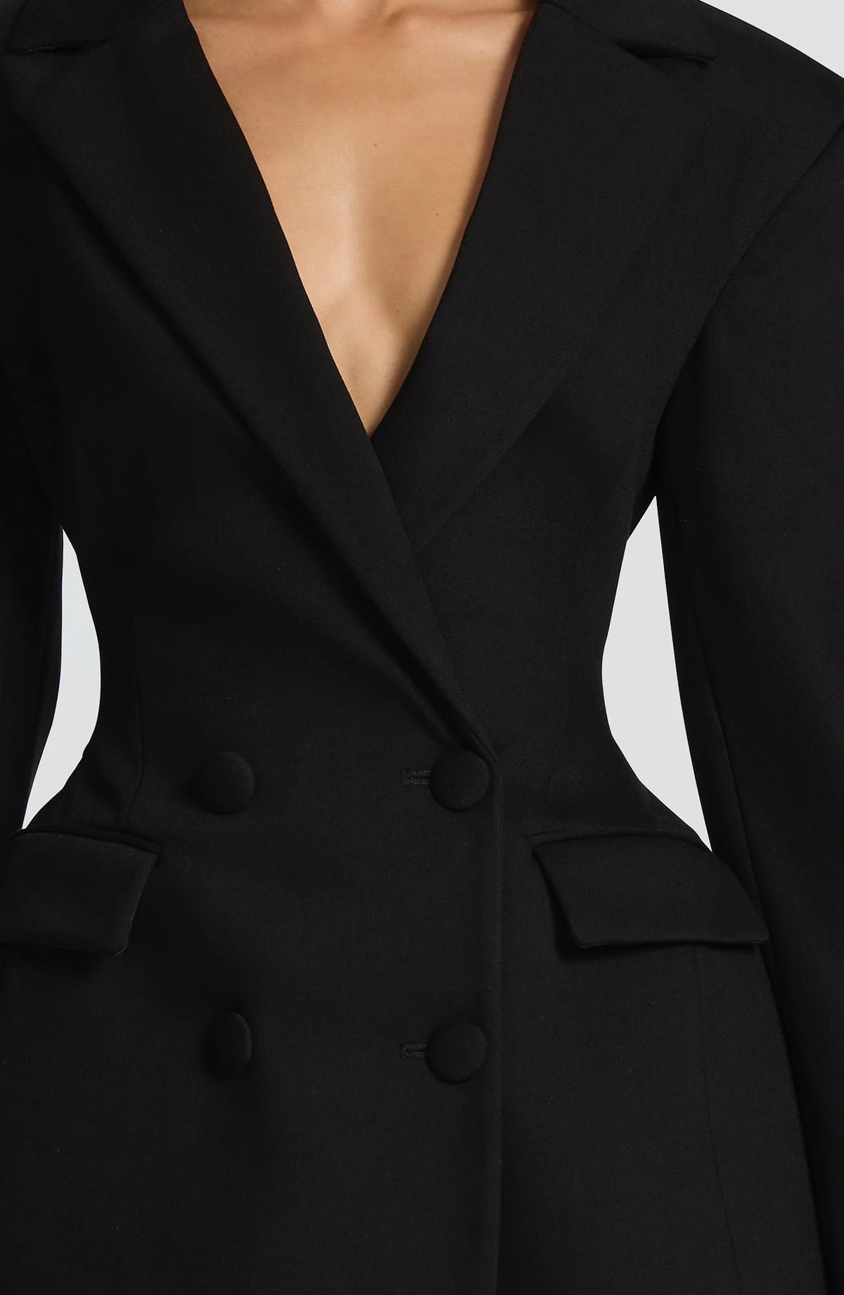 Women's Double-Breasted Blazer Mini Dress with Notched Lapel & Adjustable Waist - Close Up Waist Detail