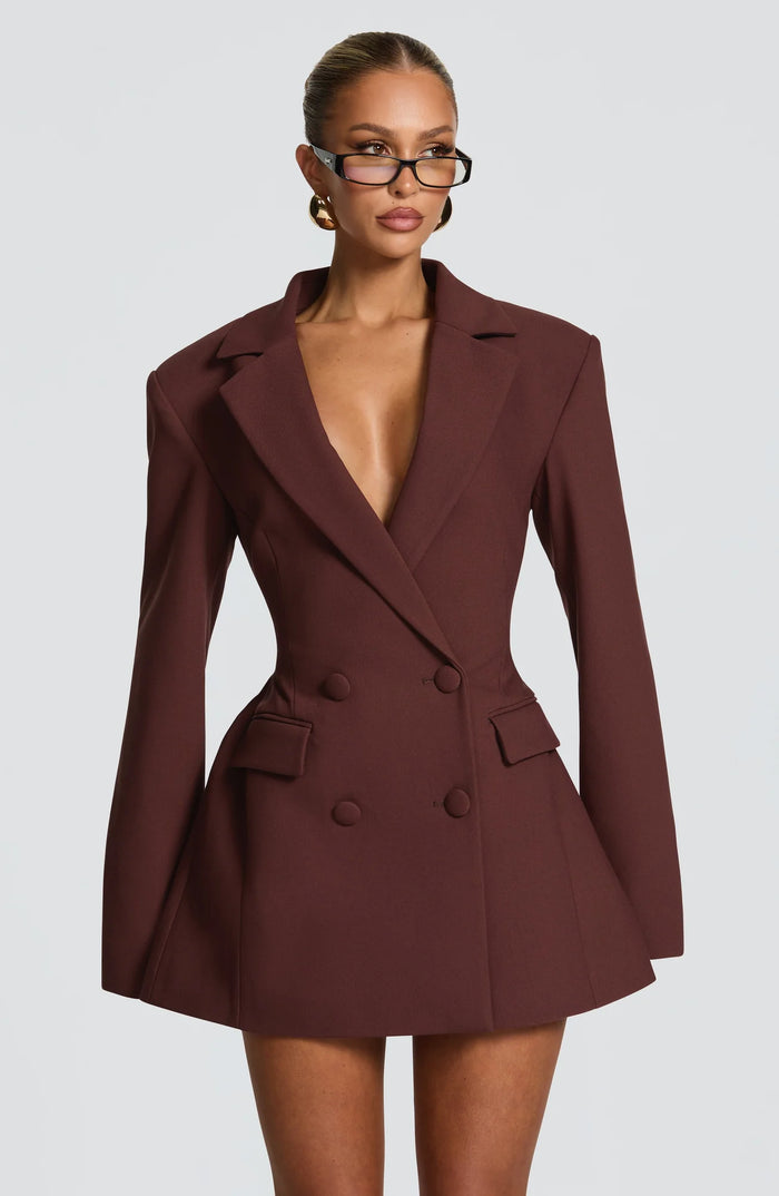 Brown Women's Double-Breasted Blazer Mini Dress with Notched Lapel & Adjustable Waist - Front Full