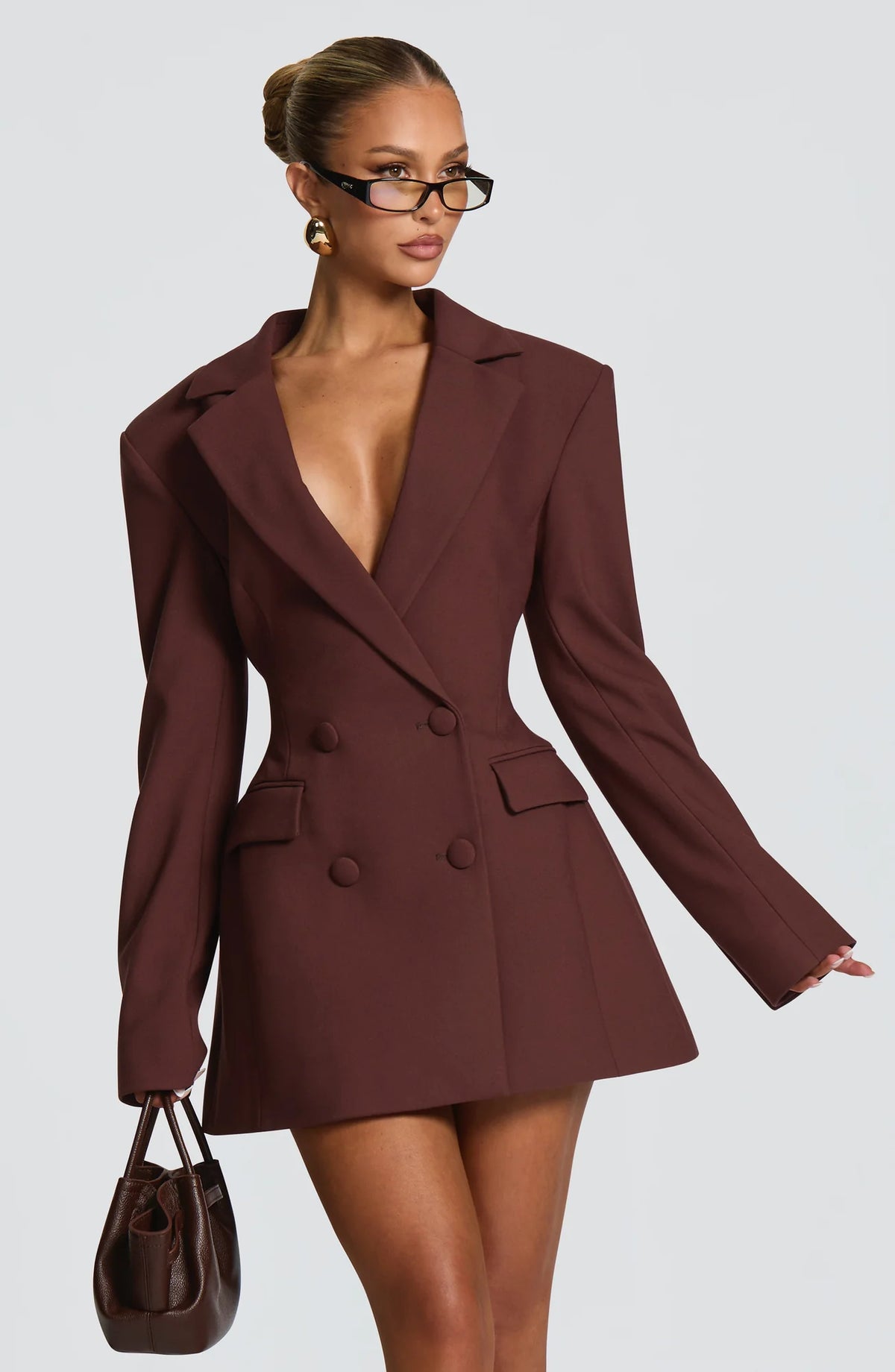 Women's Double-Breasted Blazer Mini Dress with Notched Lapel & Adjustable Waist - Front Walking With Bag