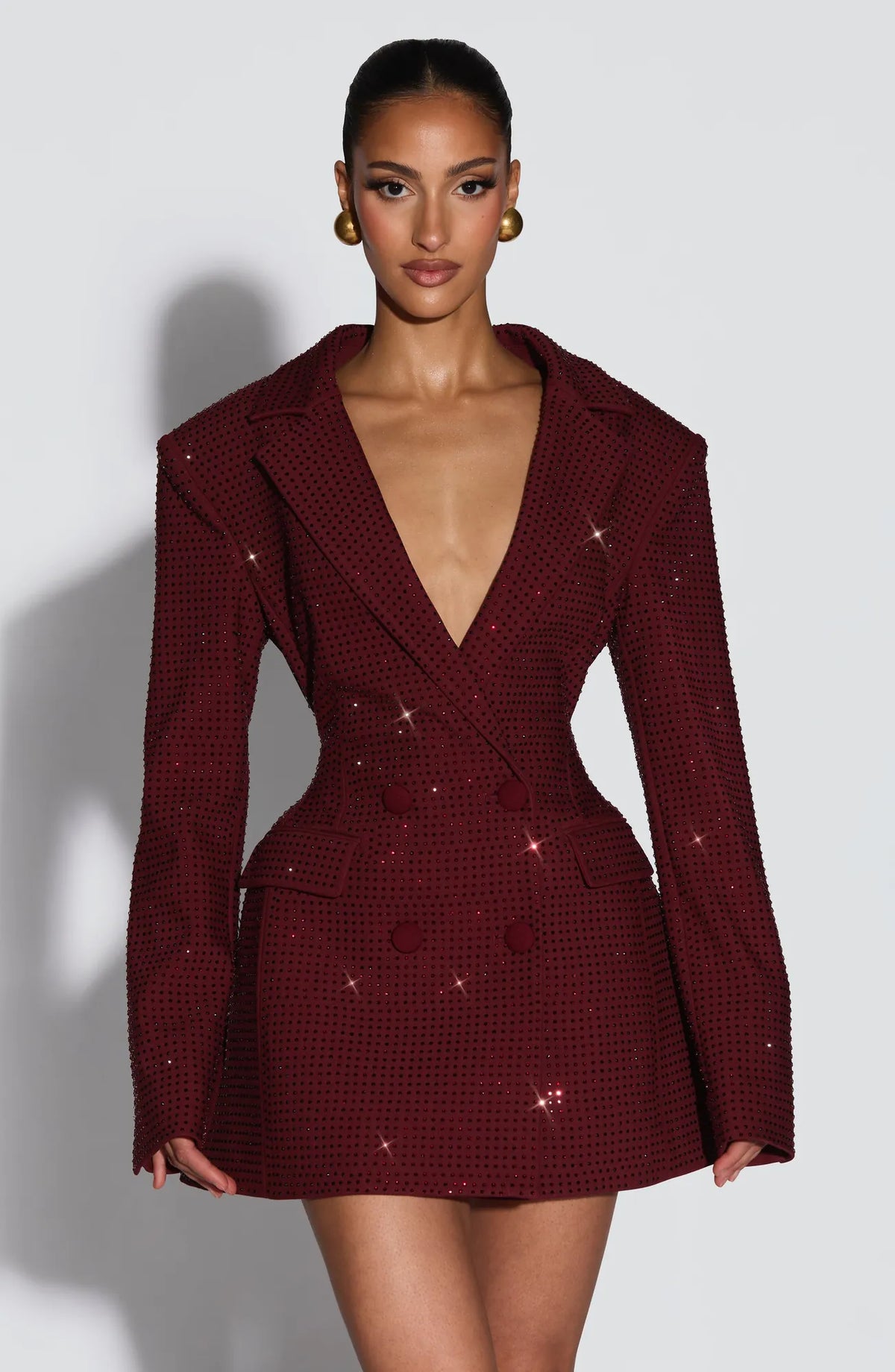 Burgundy Glitter Women's Double-Breasted Blazer Mini Dress with Notched Lapel & Adjustable Waist - Front Close...