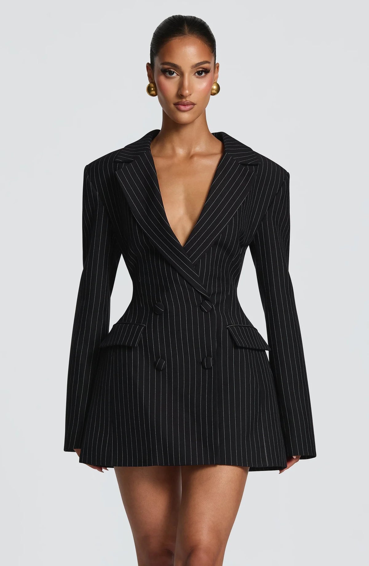 Black Pinstripe Women's Double-Breasted Blazer Mini Dress with Notched Lapel & Adjustable Waist