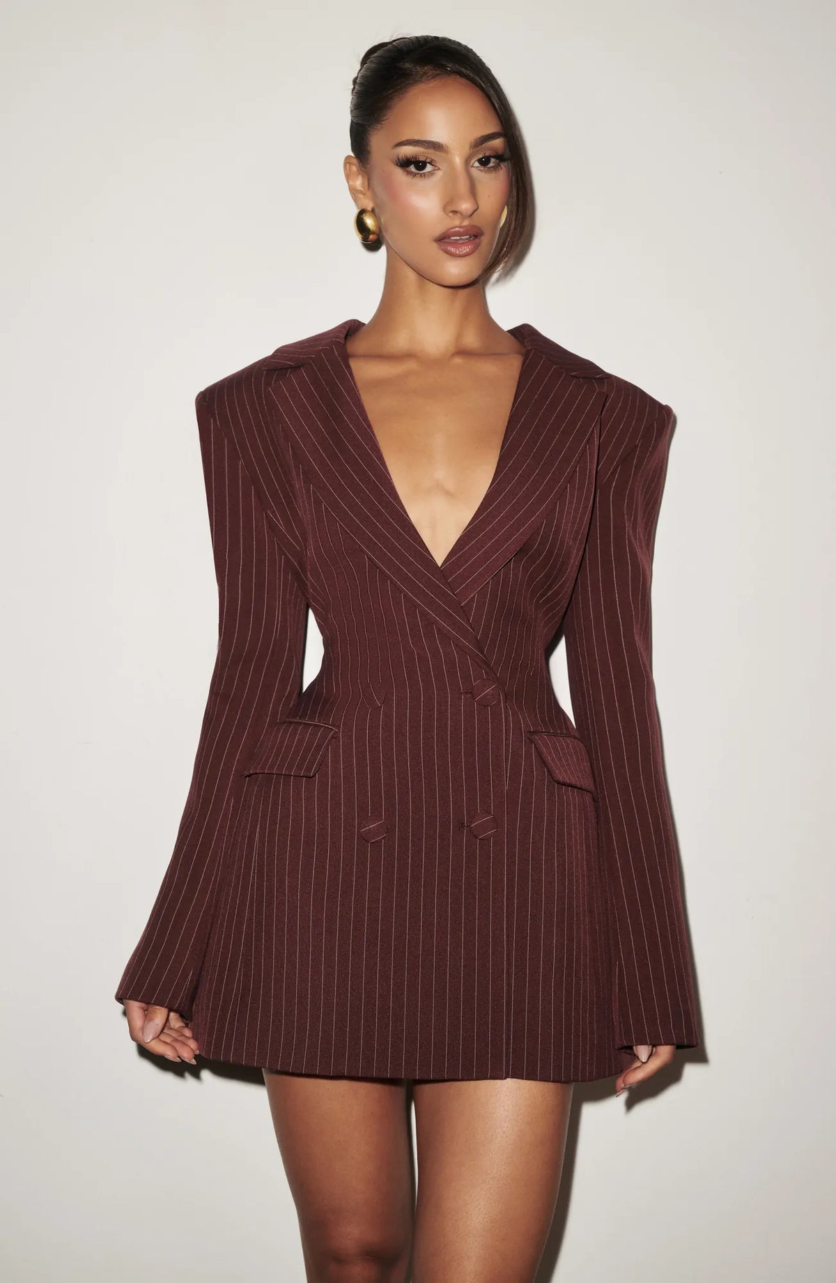 Burgundy Pinstripe Women's Double-Breasted Blazer Mini Dress with Notched Lapel & Adjustable Waist