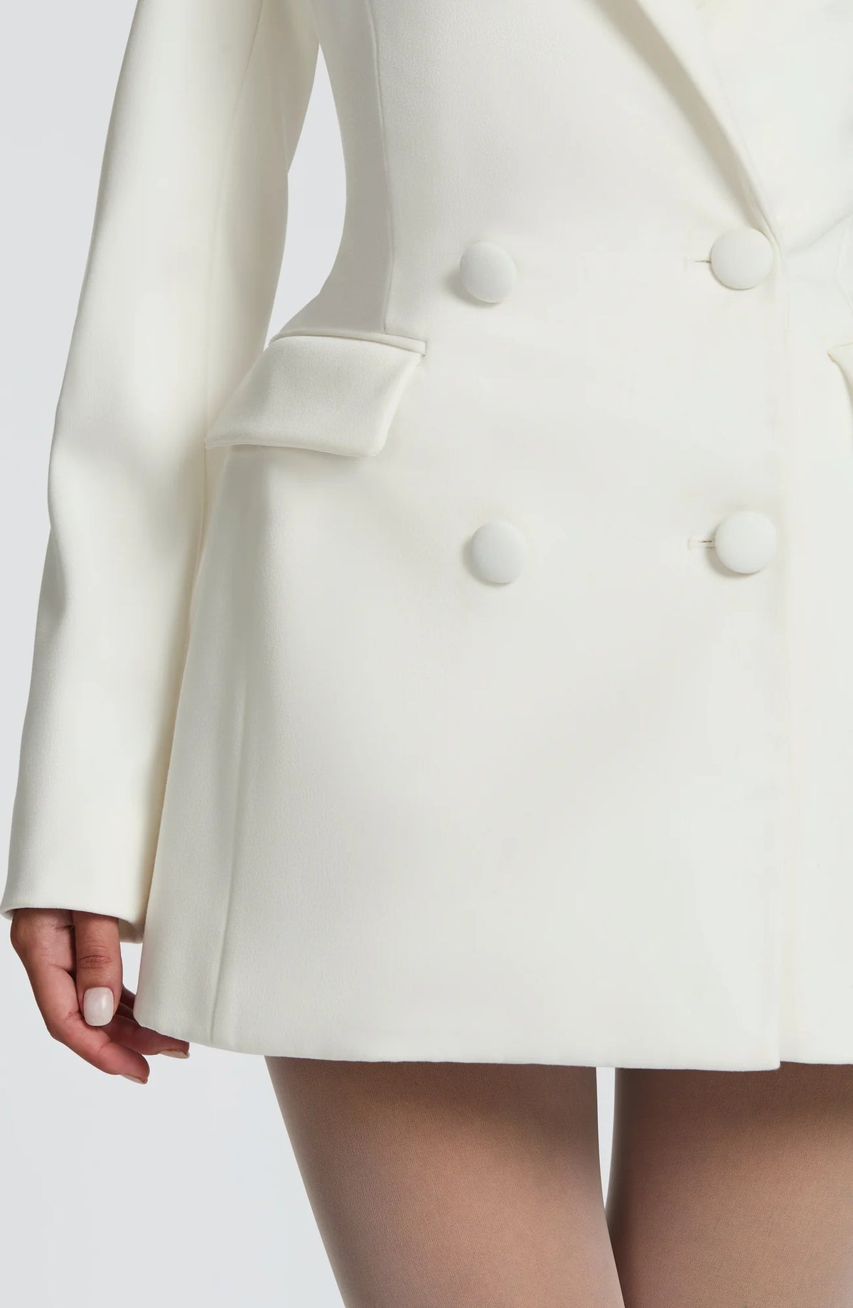 Women's Double-Breasted Blazer Mini Dress with Notched Lapel & Adjustable Waist - Close Up Buttons