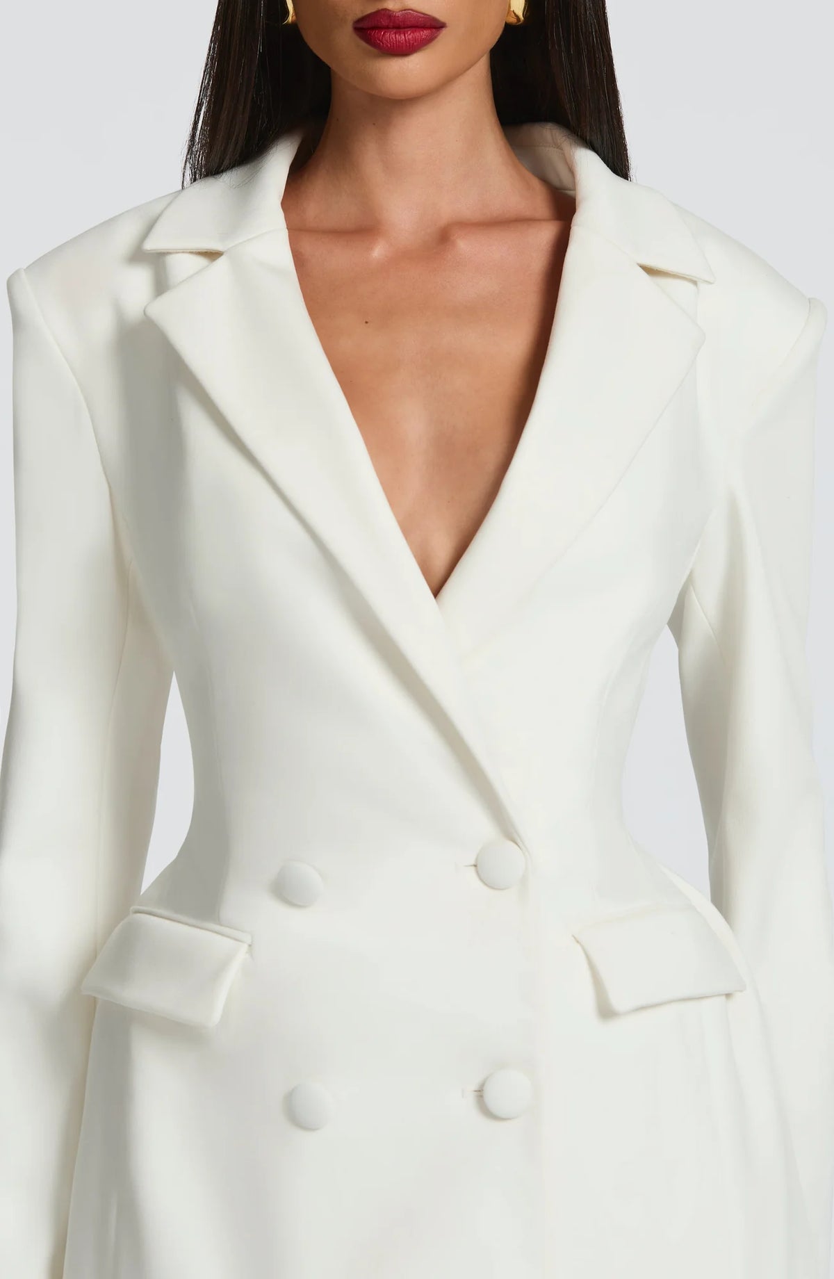 Women's Double-Breasted Blazer Mini Dress with Notched Lapel & Adjustable Waist - Close Up Neckline
