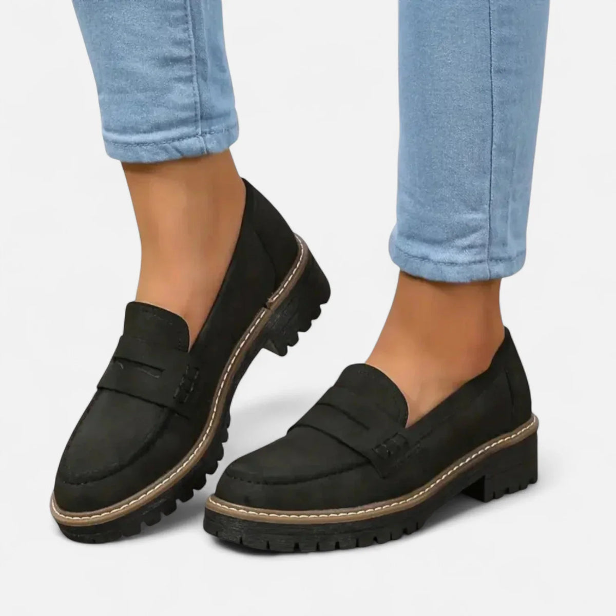 Black Women's Block Heel Loafers with Penny Strap & Slip-On Design - Side Profile Worn