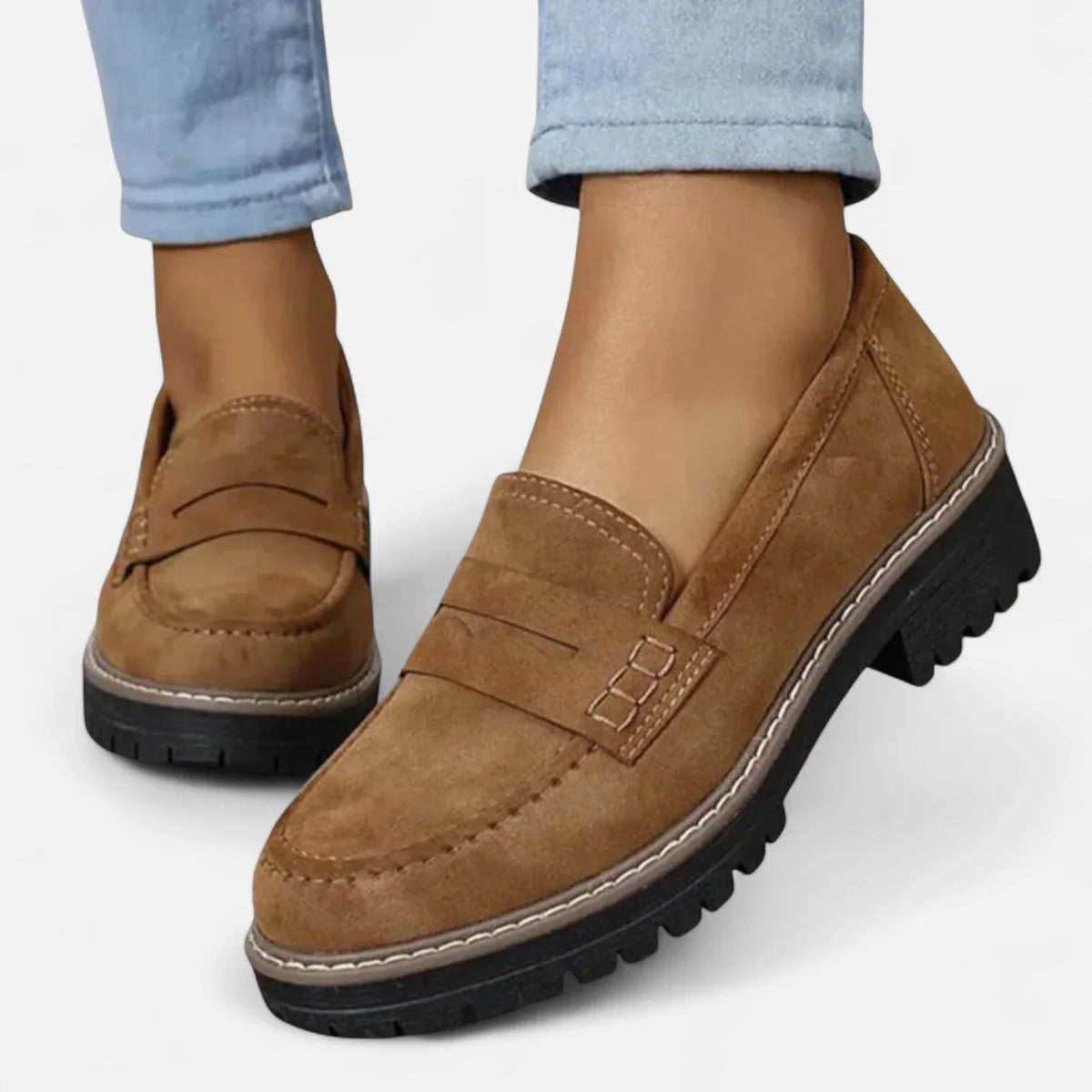 Brown Women's Block Heel Loafers with Penny Strap & Slip-On Design - Close Up Ankle