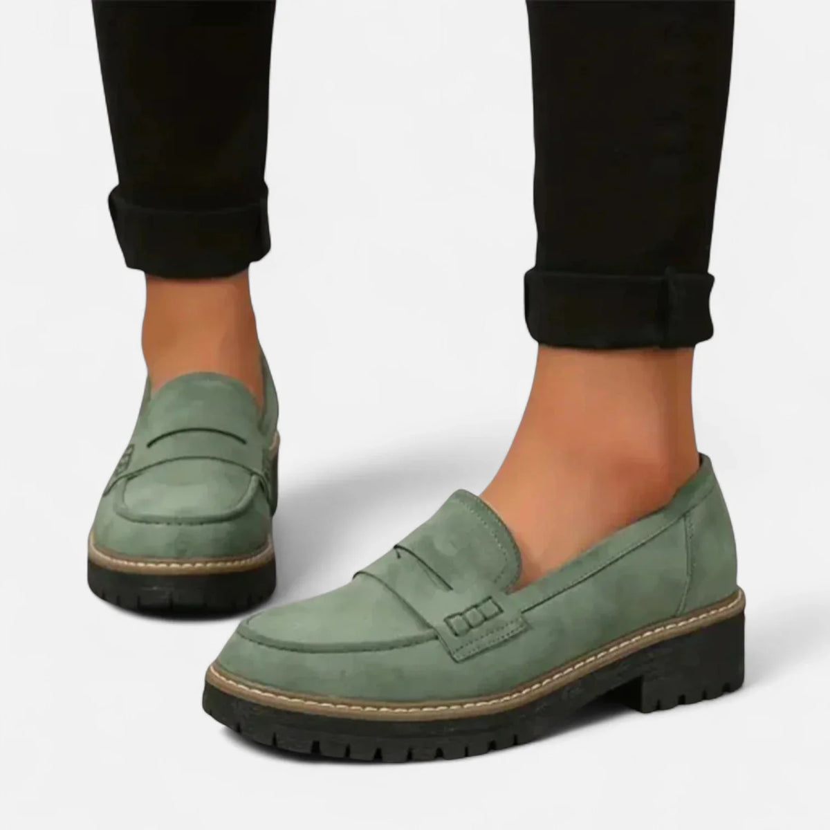 Green Women's Block Heel Loafers with Penny Strap & Slip-On Design - Back Worn Pair