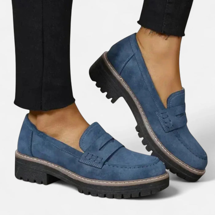 Navy Blue Women's Block Heel Loafers with Penny Strap & Slip-On Design - Front Worn Pair