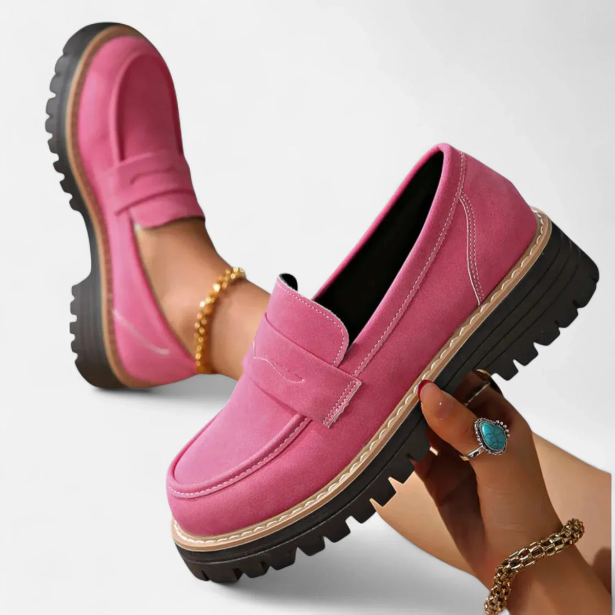 Pink Women's Block Heel Loafers with Penny Strap & Slip-On Design - Tilted Display Pair