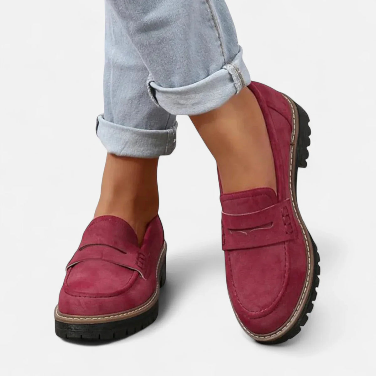 Red Women's Block Heel Loafers with Penny Strap & Slip-On Design - Front Worn Cuffed Jeans