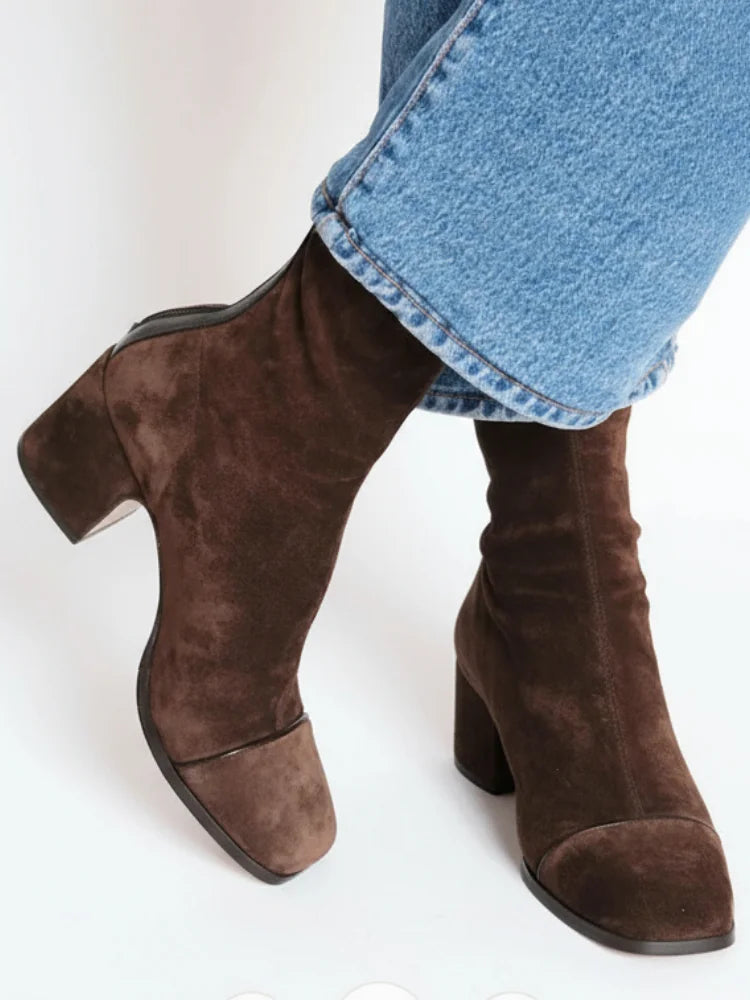 Dark Brown Women's Square Toe Ankle Boots with Stable Block Heel & Anti-Slip Sole - Front Pose