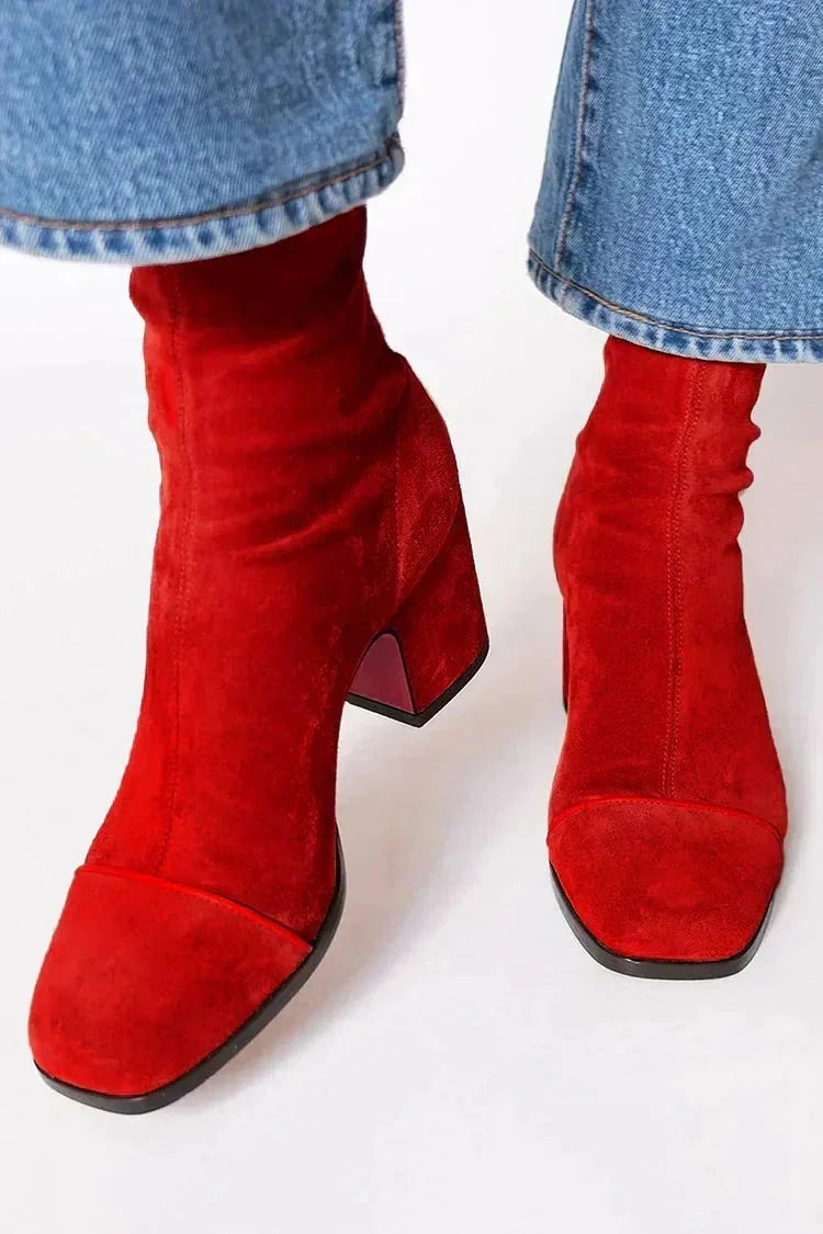 Red Women's Square Toe Ankle Boots with Stable Block Heel & Anti-Slip Sole - Toe Close Up