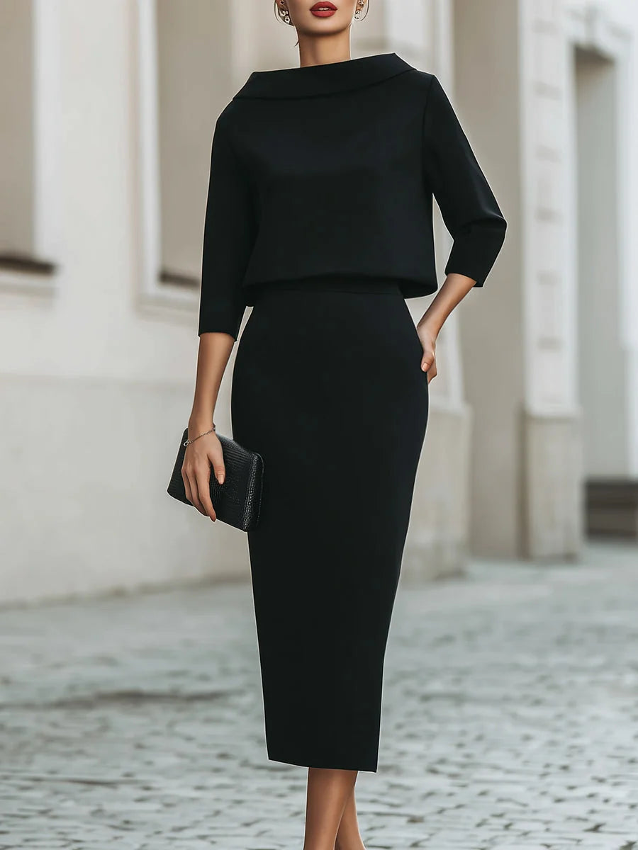 Black Women's Crop Top and Midi Skirt Set with Boat Neckline & High-Waisted Fit