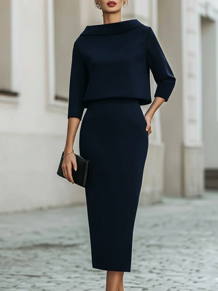 Navy Women's Crop Top and Midi Skirt Set with Boat Neckline & High-Waisted Fit