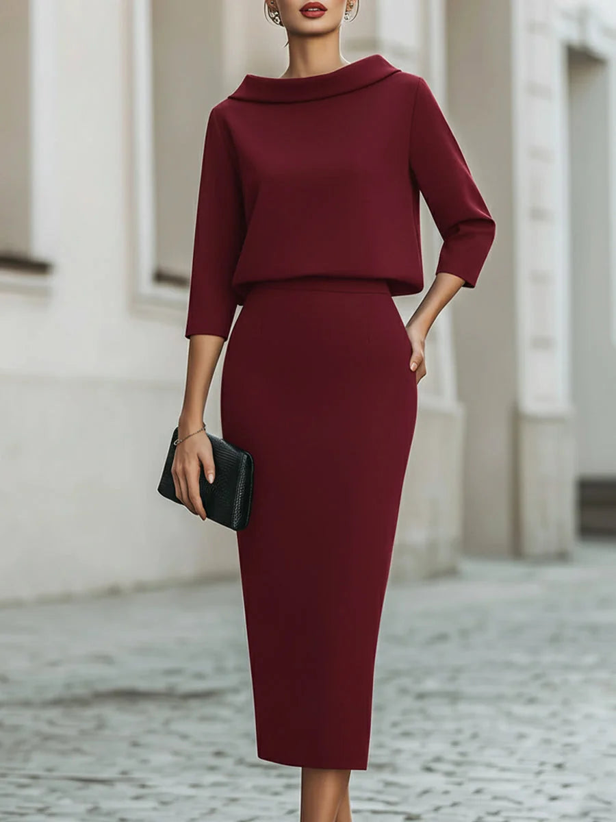 Red Women's Crop Top and Midi Skirt Set with Boat Neckline & High-Waisted Fit