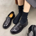 Black single strap with buckle Women's Brogue Loafers with Fringed Cap & Cushioned Footbed - Close Up Fringe Detail