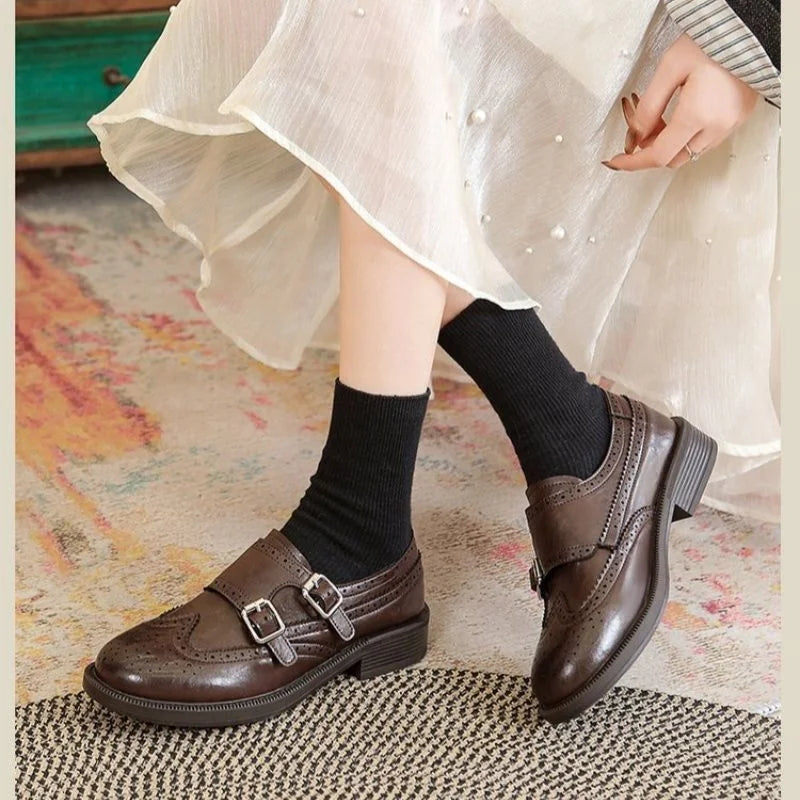 Brown Women's Brogue Loafers with Fringed Cap & Cushioned Footbed - Close Up Buckle Detail
