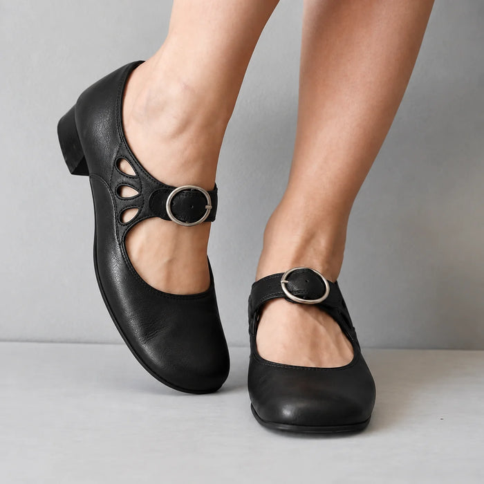 Black Women's Buckle Sandals with Cutout Straps & Block Heel - Front Full