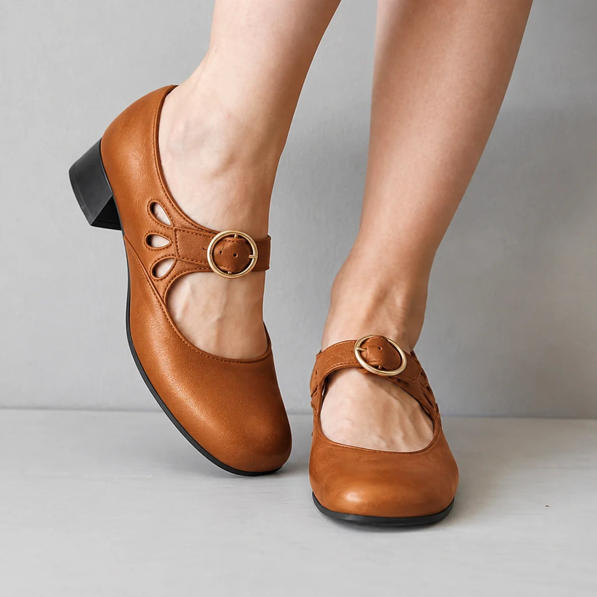 Khaki Women's Buckle Sandals with Cutout Straps & Block Heel - Model Walking