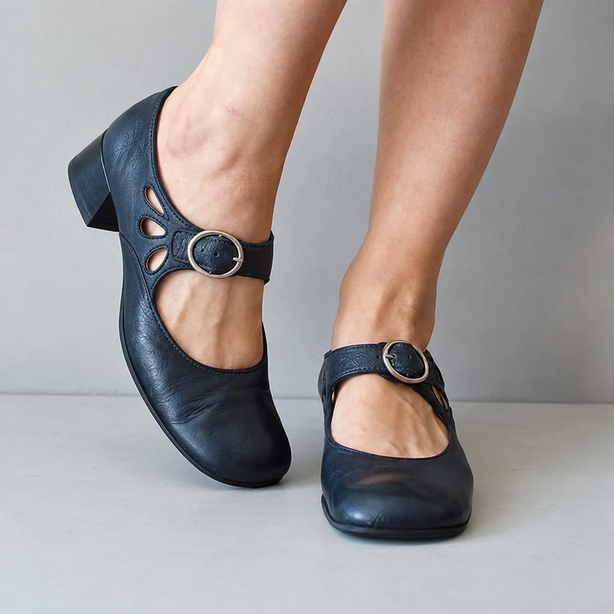 Navy Blue Women's Buckle Sandals with Cutout Straps & Block Heel - Front Angle