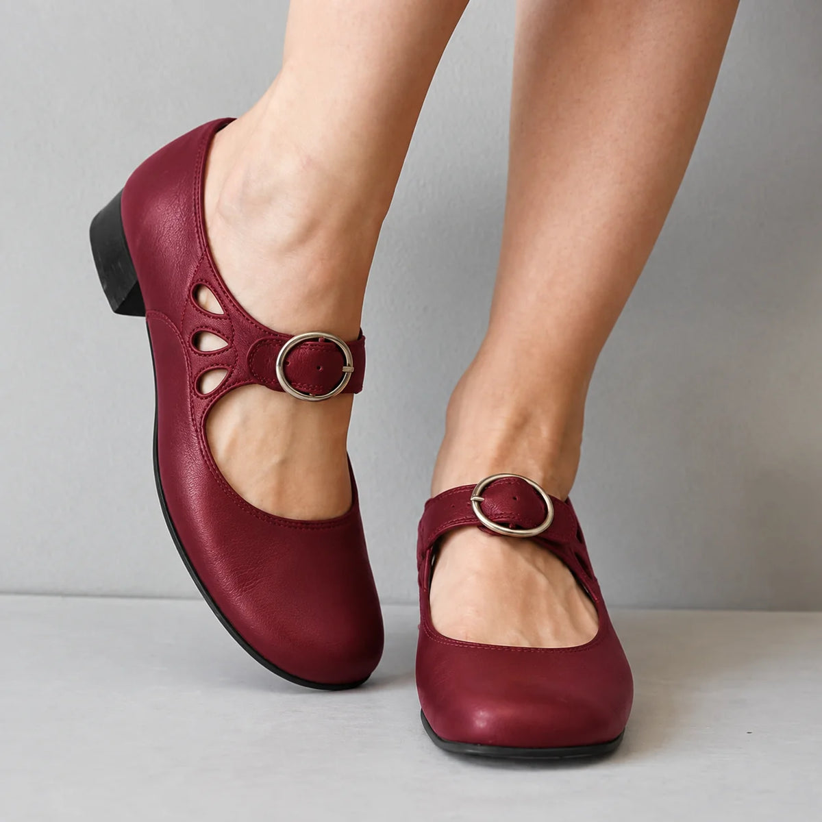Red Women's Buckle Sandals with Cutout Straps & Block Heel - Side Pose