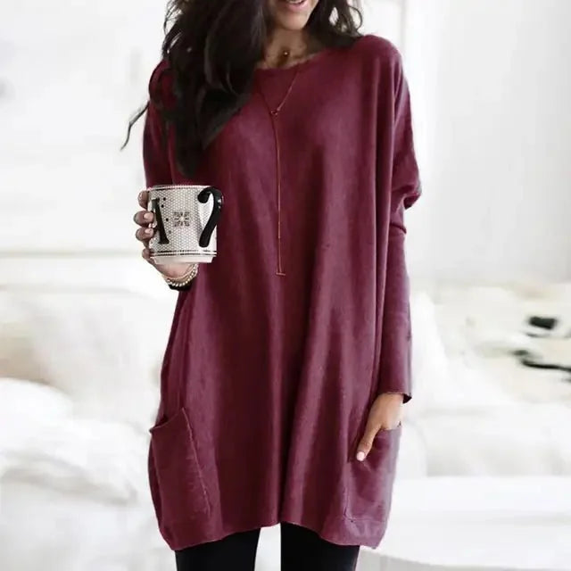 Burgundy Women's Oversized Tunic Top with Lightweight Fabric & Long Sleeves - Front Cup Hold
