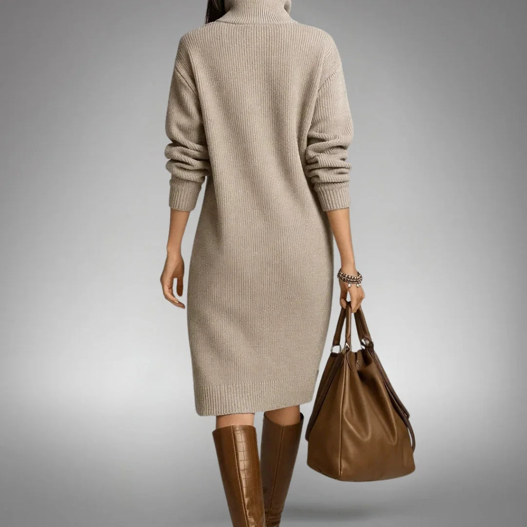 Women's Elegant Winter Dress with Button-Front Collar & Ribbed Cuffs - Back Full Casual