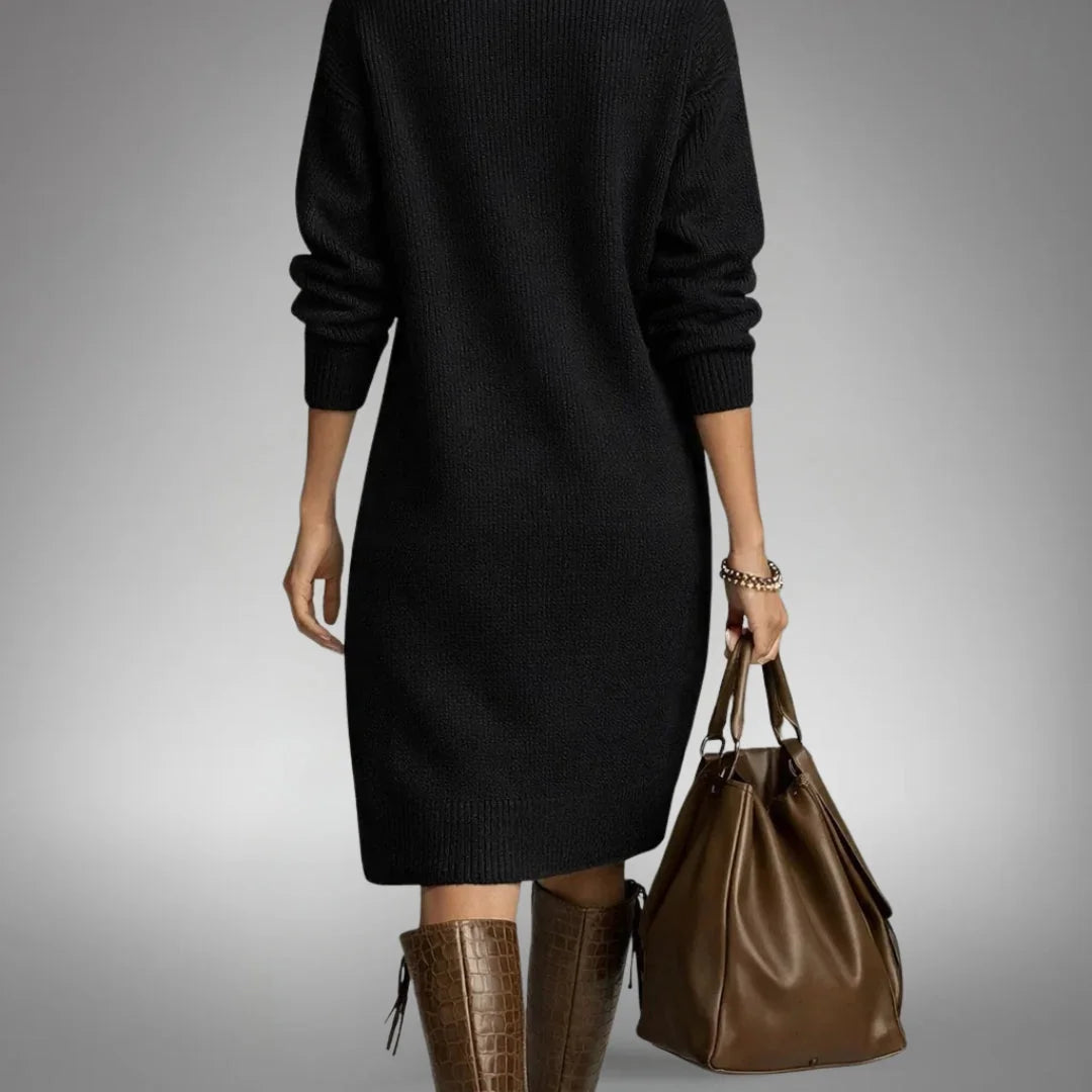 Women's Elegant Winter Dress with Button-Front Collar & Ribbed Cuffs - Back Full Studio
