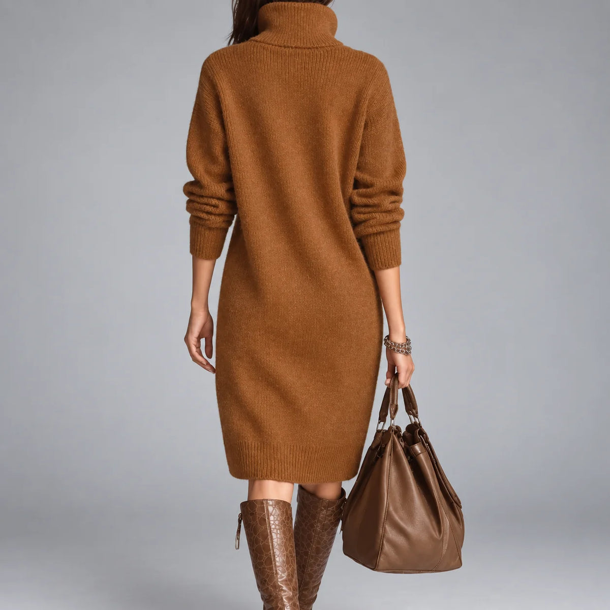 Women's Elegant Winter Dress with Button-Front Collar & Ribbed Cuffs - Back Full