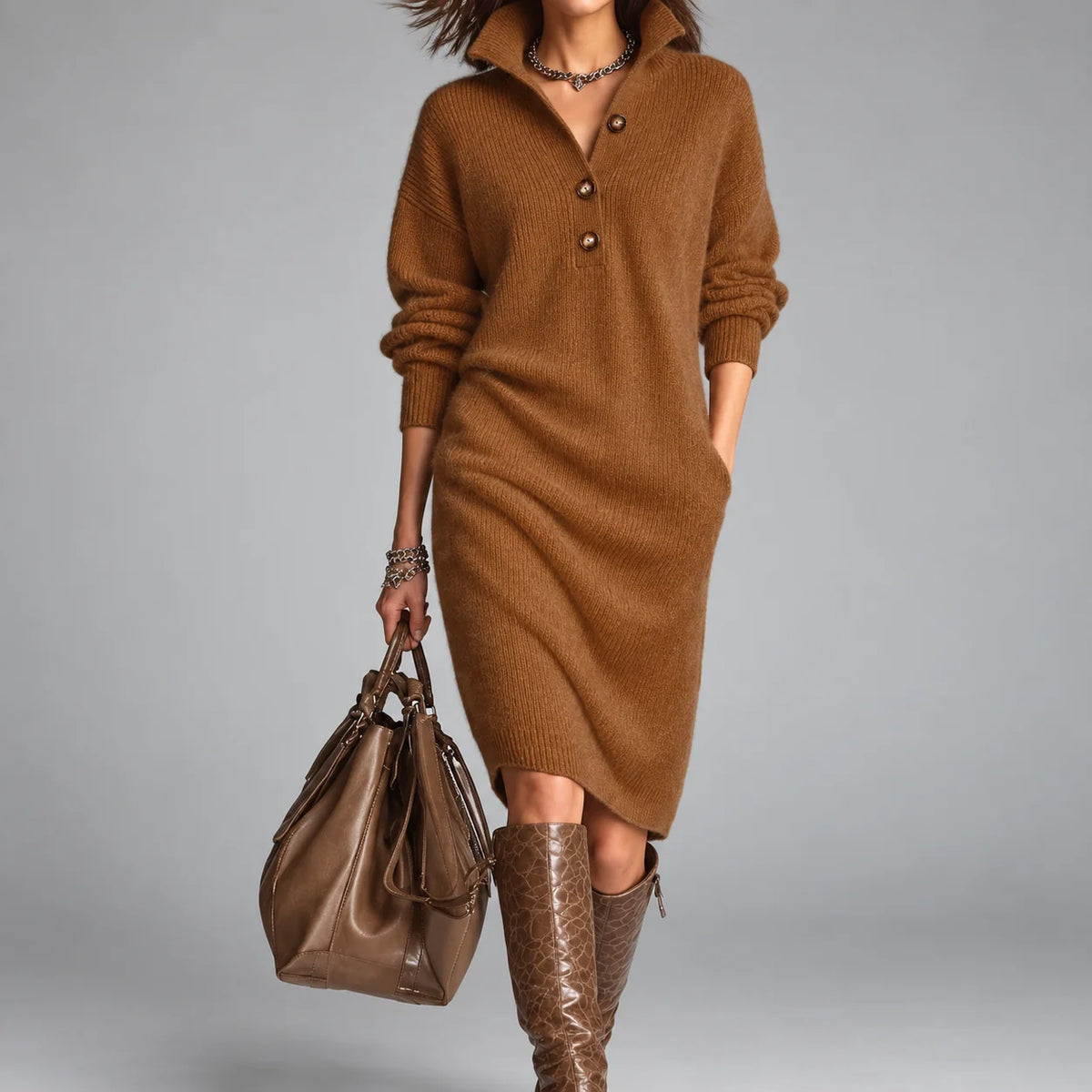 Brown Women's Elegant Winter Dress with Button-Front Collar & Ribbed Cuffs