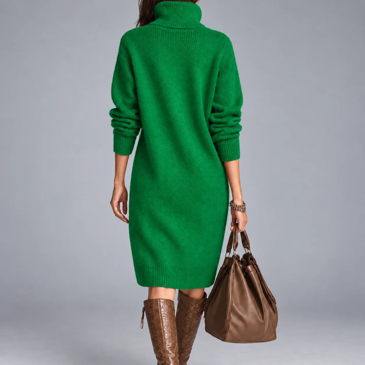Women's Elegant Winter Dress with Button-Front Collar & Ribbed Cuffs - Back Full