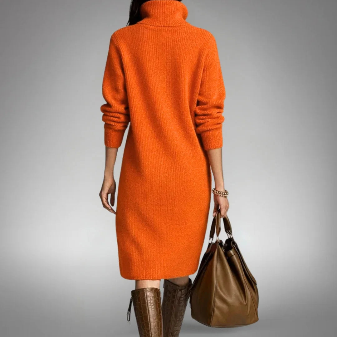 Women's Elegant Winter Dress with Button-Front Collar & Ribbed Cuffs - Back Full
