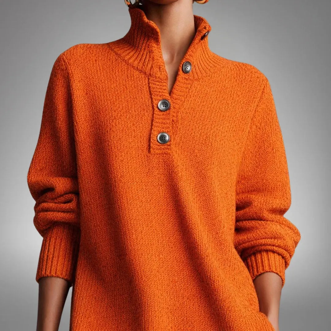 Women's Elegant Winter Dress with Button-Front Collar & Ribbed Cuffs - Close Up Neckline