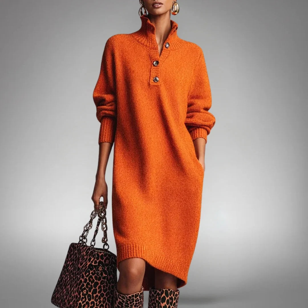 Orange Women's Elegant Winter Dress with Button-Front Collar & Ribbed Cuffs - Front Full
