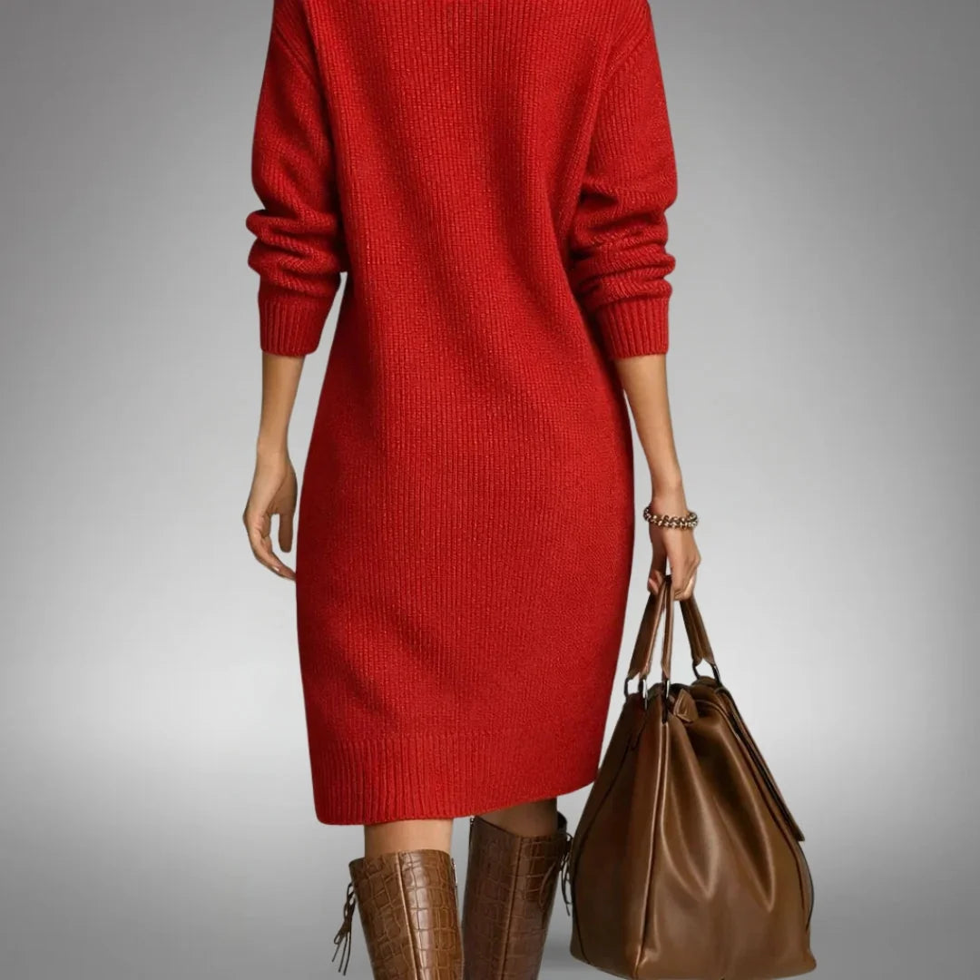 Women's Elegant Winter Dress with Button-Front Collar & Ribbed Cuffs - Back Full Walking