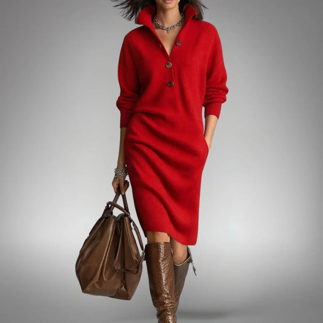 Red Women's Elegant Winter Dress with Button-Front Collar & Ribbed Cuffs