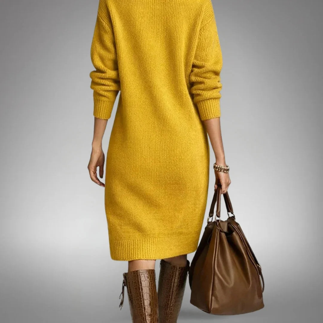 Women's Elegant Winter Dress with Button-Front Collar & Ribbed Cuffs - Back Full Dynamic