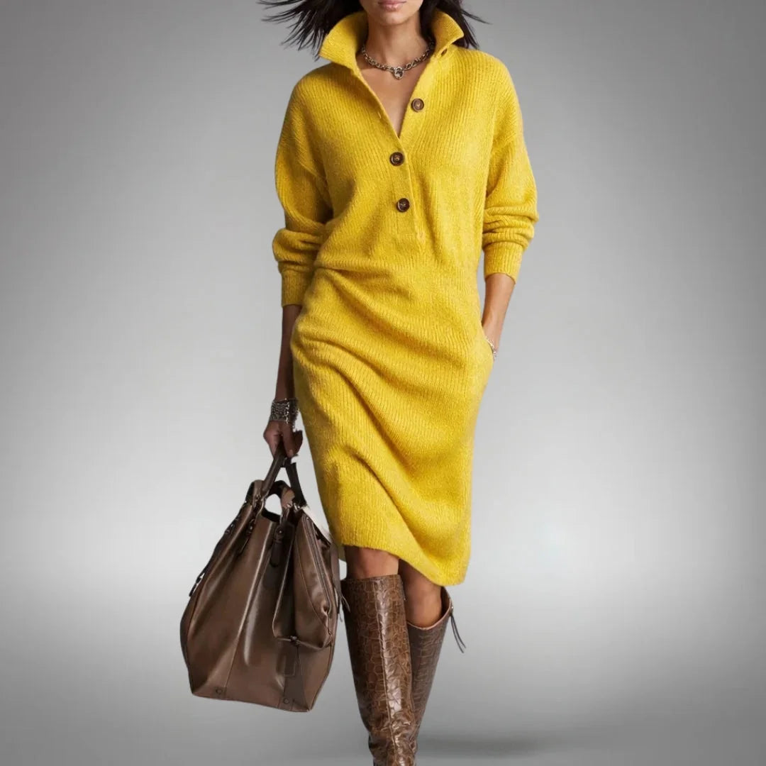 Yellow Women's Elegant Winter Dress with Button-Front Collar & Ribbed Cuffs